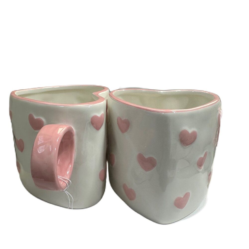 Heart Shape Pink/ White Ceramic Coffee Tea Mug, Painted by Hand 18OZ - Lot of 2 - Picture 5 of 12